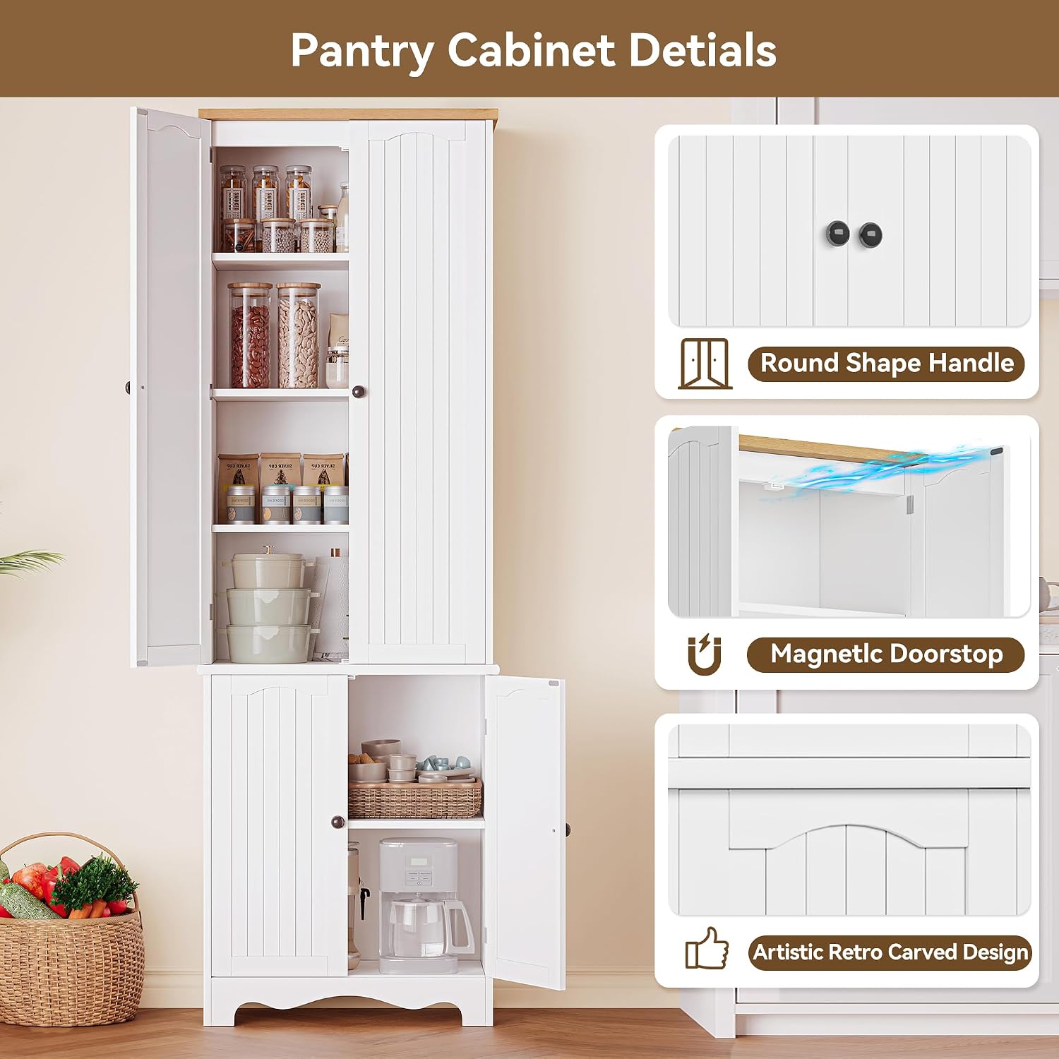 72'' Tall Kitchen Pantry Cabinet, Kitchen Storage Cabinets with 4 Doors and 5 Shelves, Wooden Food Pantry Farmhouse Cupboard Buffet for Dining Living Room, White