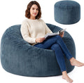 4FT Bean Bag Chairs for Adults, Large Memory Foam Beanbags with Machine-Washable Wide Stripe Plush Cover Bean Bag Chair for Living Room Bedroom Dorm Office- Dusty Blue