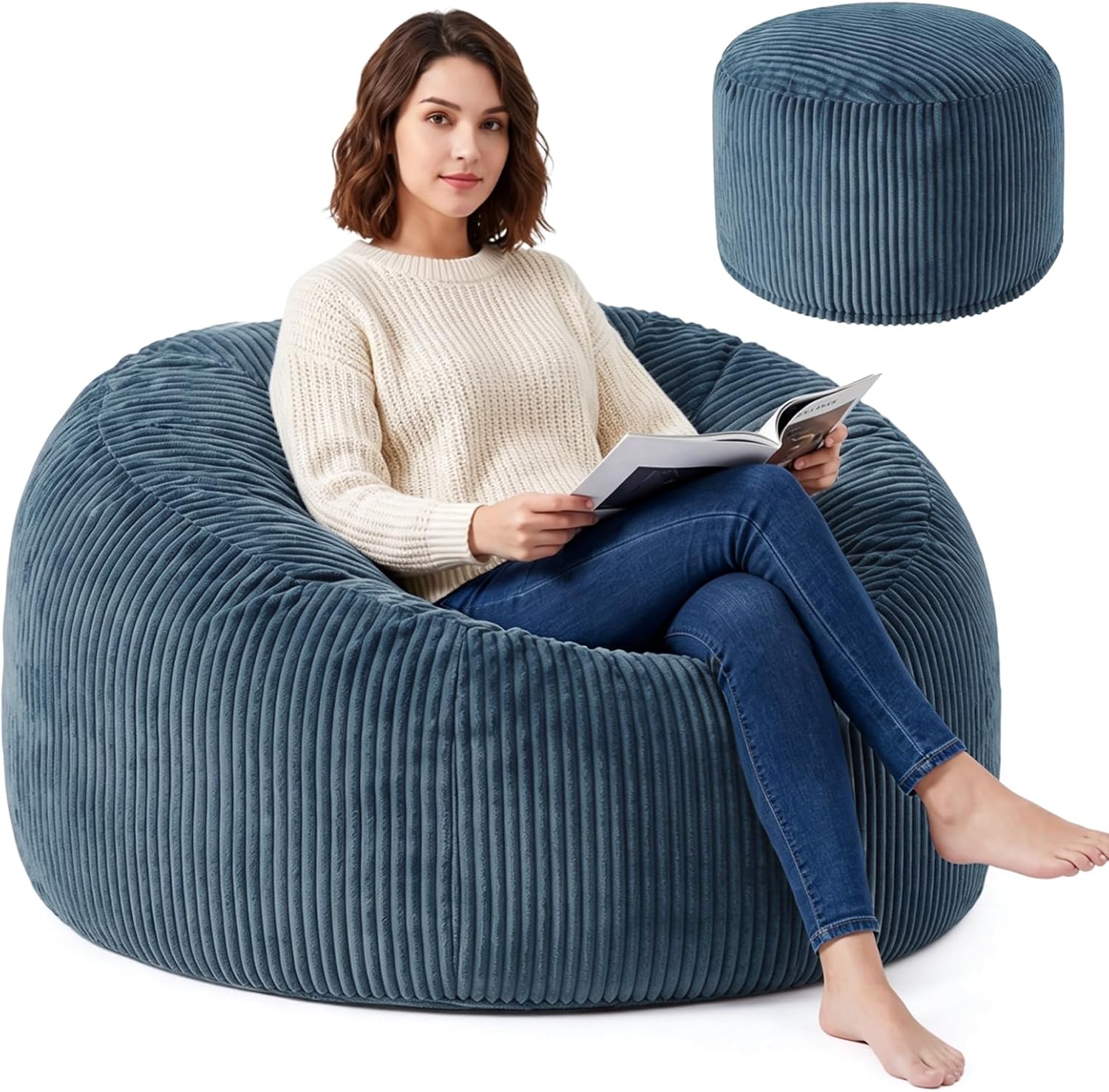 4FT Bean Bag Chairs for Adults, Large Memory Foam Beanbags with Machine-Washable Wide Stripe Plush Cover Bean Bag Chair for Living Room Bedroom Dorm Office- Dusty Blue