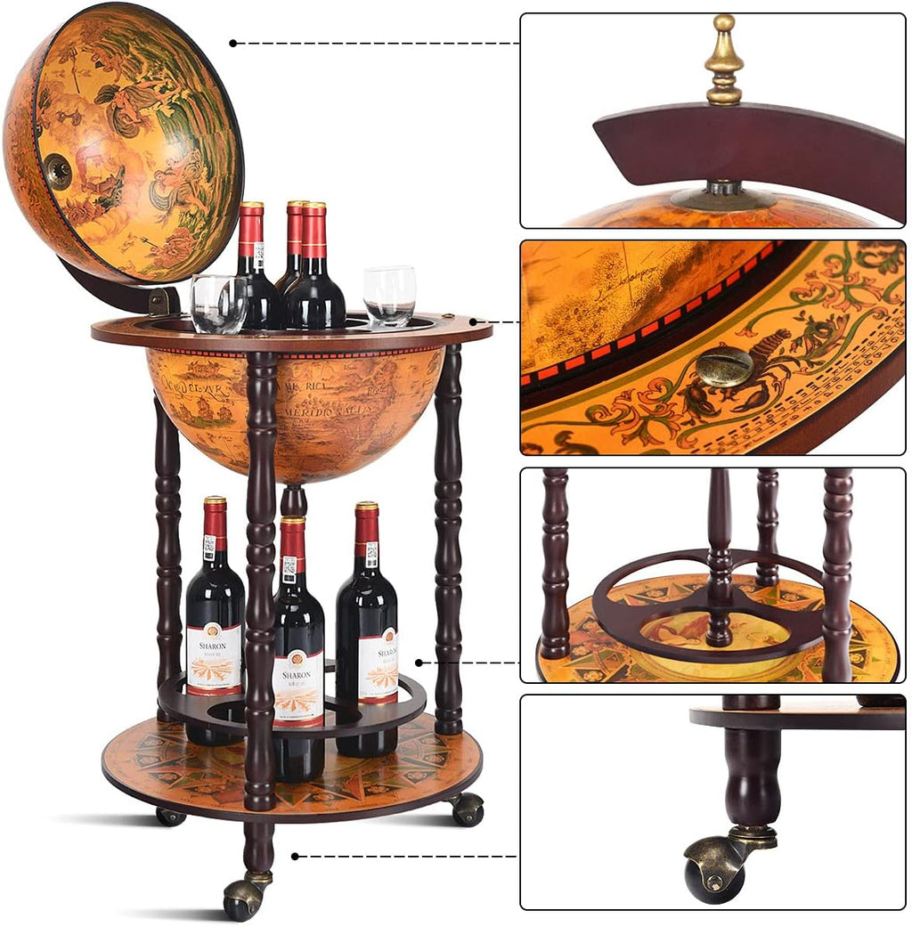 TANGZON 330MM/360MM Globe Drinks Cabinet, Movable Whisky Wine Spirits Cabinet with Casters, Wine Container Minibar Storage Wooden Cart (Brown)