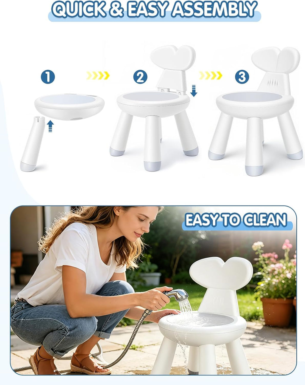 Toddler Chair for Table, Plastic Kids Chairs for Table with Ergonomic Backrest, Anti-Slip Toddler Indoor Outdoor Chair & Step Stool for Bathroom Kitchen, Easy Clean PP，White