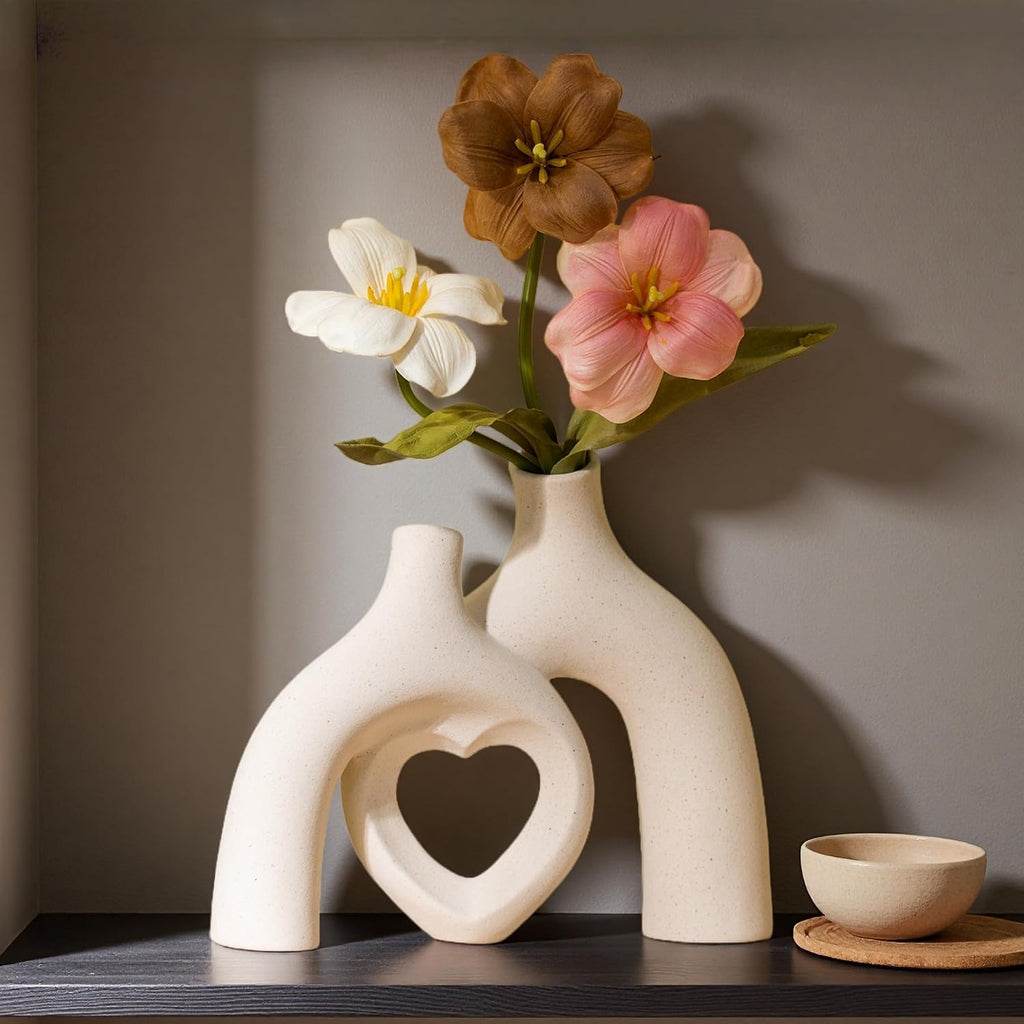 Liotww Snuggle Hollow Hug Donut Ceramic Vase, 8.3 Inch Modern Nordic Boho Style Aesthetic Decorative Flower Vases for Home Decor Pottery Barn Dining Living Room Table Shelf (Milky White)