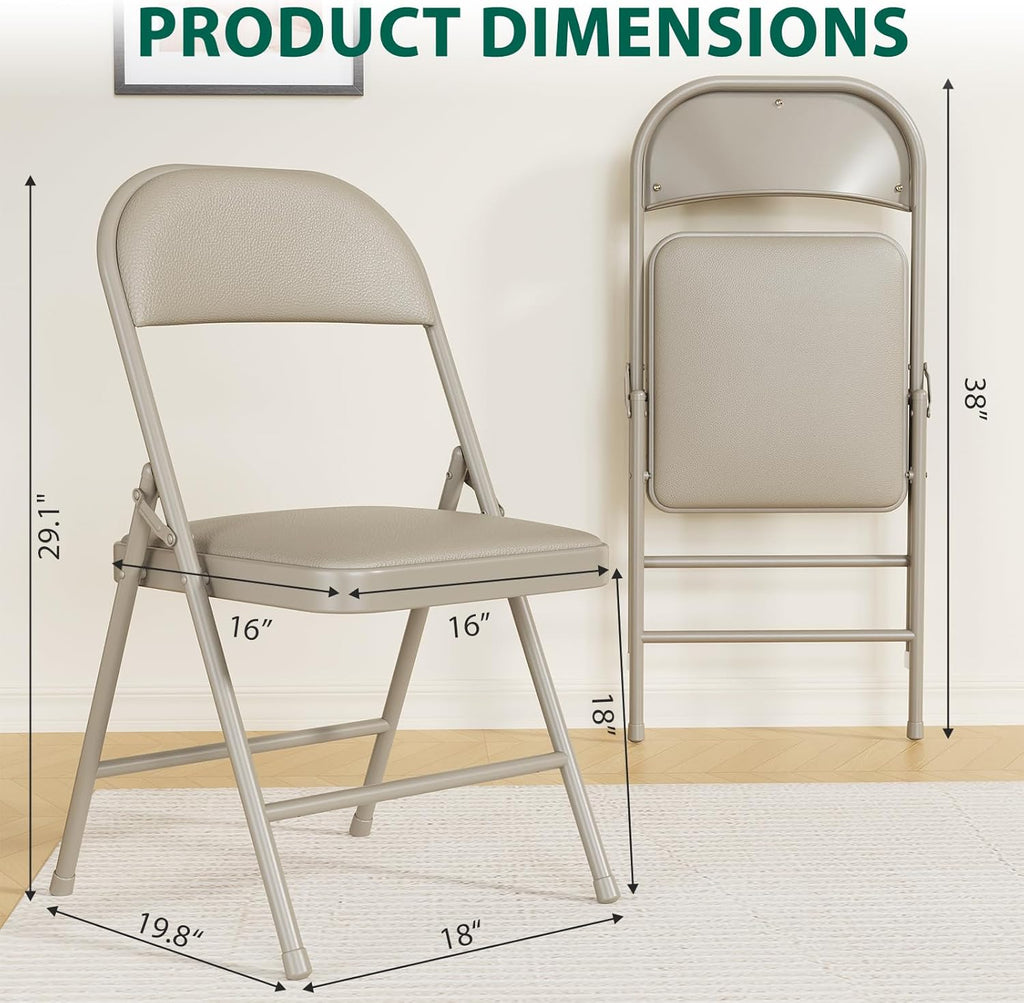Folding Chairs 2 Pack,350lbs Heavy Duty Metal Frame Folding Chairs with PU Leather Padded Seat,Ergonomic Portable Foldable Chair with Non-Slip Rubber Feet for Indoor Outdoor Wedding Patio Party,Khaki
