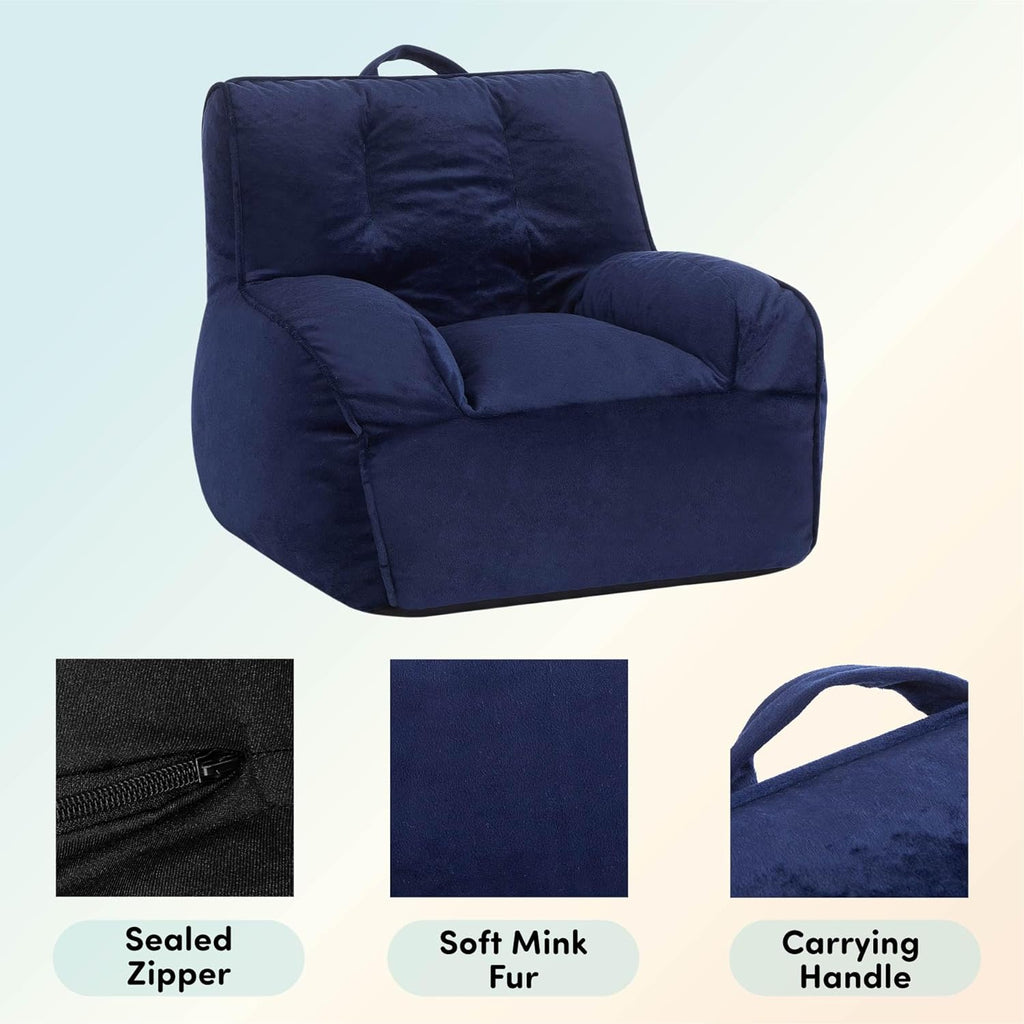 Heritage Kids Pod Square Back Kids Bean Bag Chair, Soft Plush Lounge Seat for Bedroom or Playroom, Navy