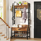Recaceik Hall Tree with Bench and Shoe Storage, Entryway Coat Rack with Shoe Bench, Industrial Hall Tree with Drawers and 12 Hooks for Bedroom, Living Room