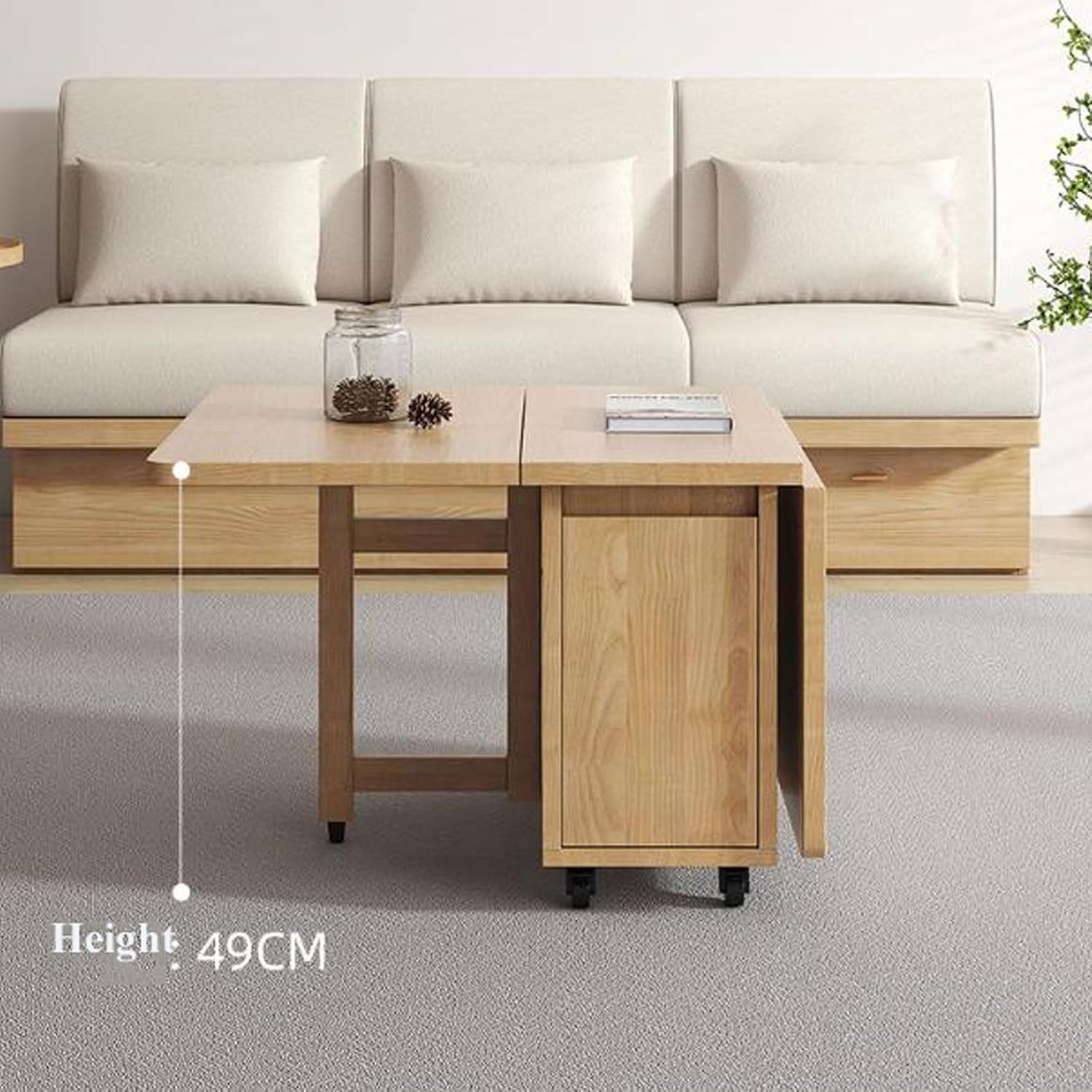 Center Table Foldable End Tables,Side Table with Storage Cabinet for Living Room, Small Bedside for Bedroom, Mobile Sofa Dinning with Wheels Storage Shelf