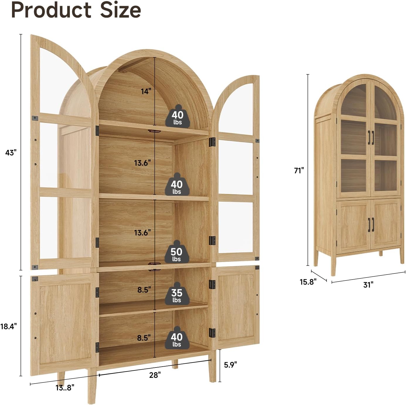 ONBRILL 71" Tall Arched Cabinet, 5-Tier Arched Kitchen Pantry with Glass Doors & Shelves, Modern Display Storage Cabinets with Adjustable Feet, Wooden Pantry Cabinet for Living Room, Dining Room
