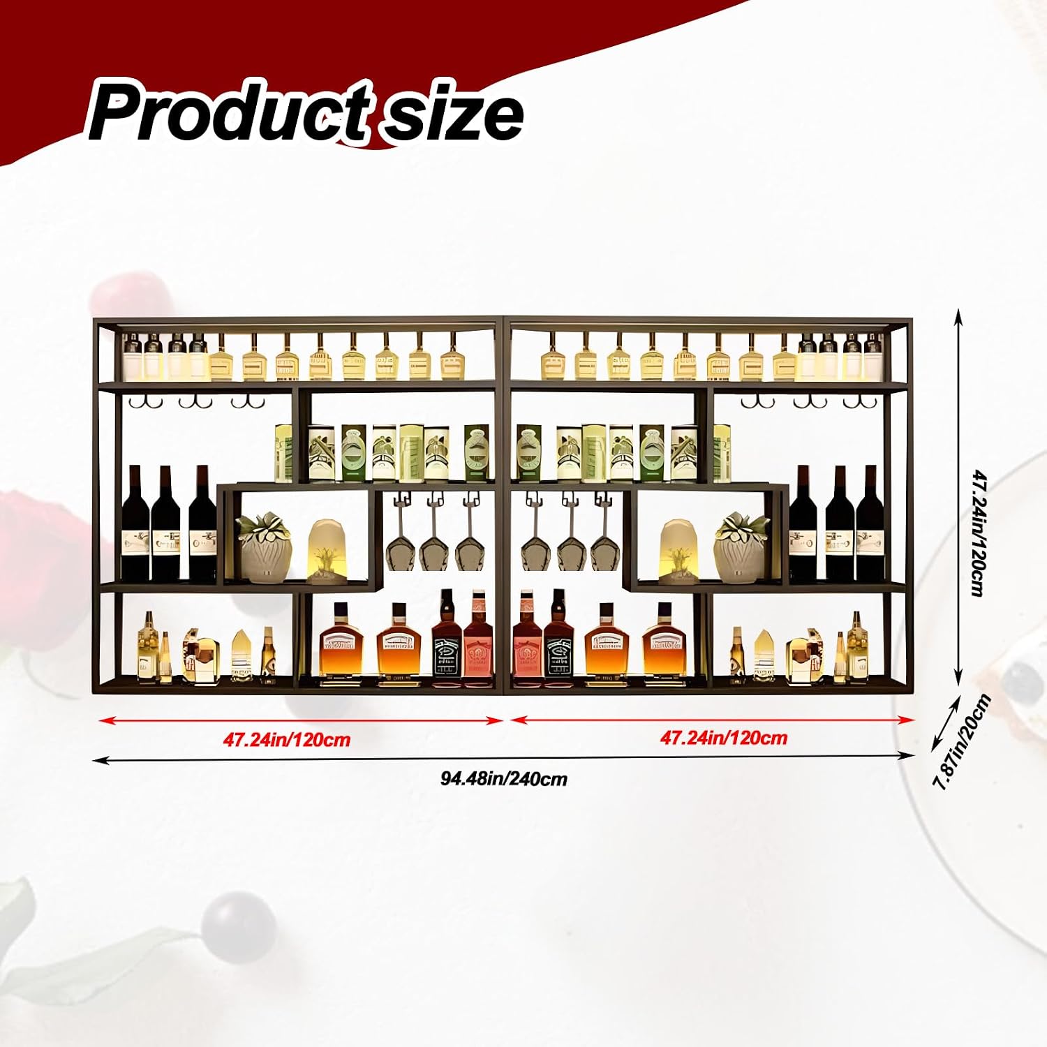 Black Wall Mounted Wine Rack with Hanging Stemware Glass Holder, 4 Tier Liquor Bottle Display Shelf, Floating Bar Storage Organizer for Home, Kitchen, Restaurant, Liquor Cabinet Decor (Gold, 95in)