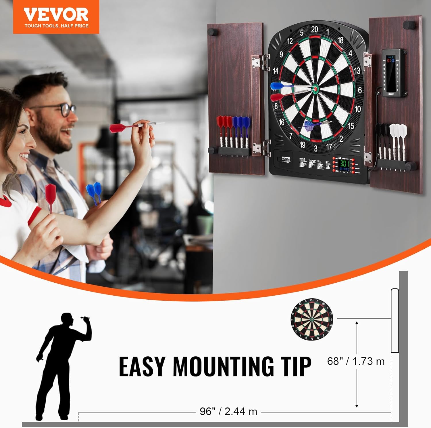 VEVOR Dart Board Cabinet Set, Multiple Styles Ready-to-Play Bundle Official Size, Steel Tip Dart Hideaway Cabinet, Features Easy Assembly, Complete with All Accessories, Perfect for Cricket Games