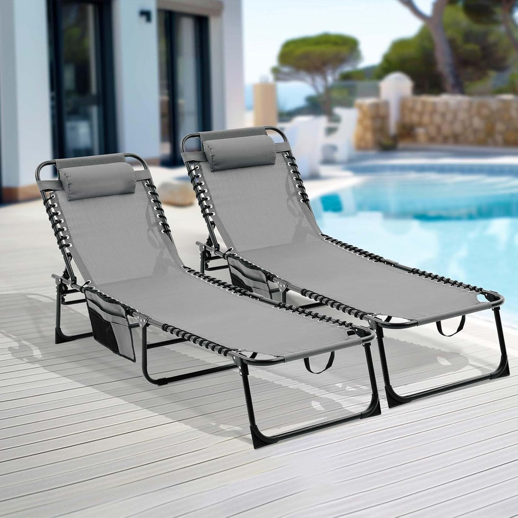 Gray Lounge Chairs for Outside, Folding Beach Lounger with Carrying Handle and Side Pocket, 5-Position Adjustable Sun Tanning Chair Removable Pillow for Pool, Beach, Patio, Lawn