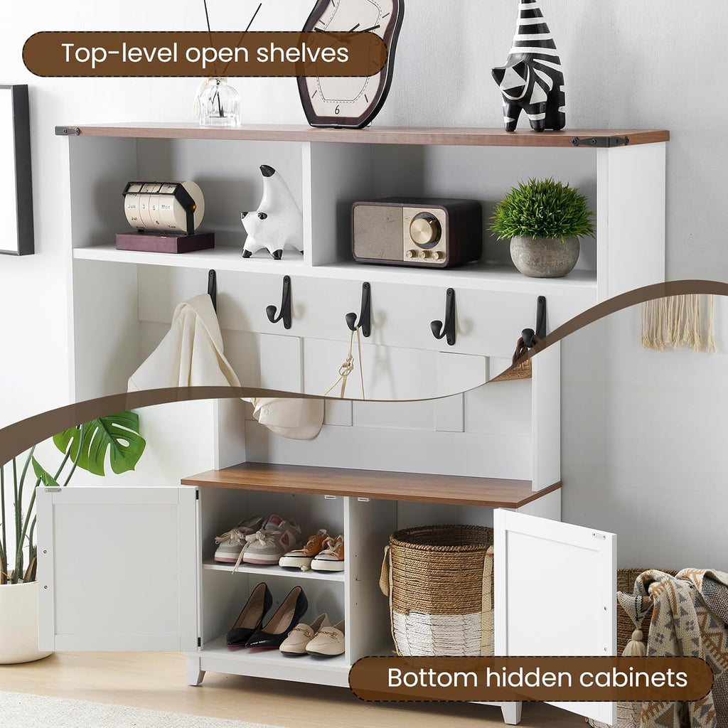 EROMMY 38" Farmhouse Hall Tree with Bench and Shoe Storage, Entryway Bench with Coat Rack, 2 Open Compartments, 5 Coat Hooks, Barn Door & Adjustable Shelf, Rustic White and Brown