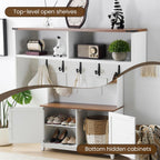 EROMMY 38" Farmhouse Hall Tree with Bench and Shoe Storage, Entryway Bench with Coat Rack, 2 Open Compartments, 5 Coat Hooks, Barn Door & Adjustable Shelf, Rustic White and Brown