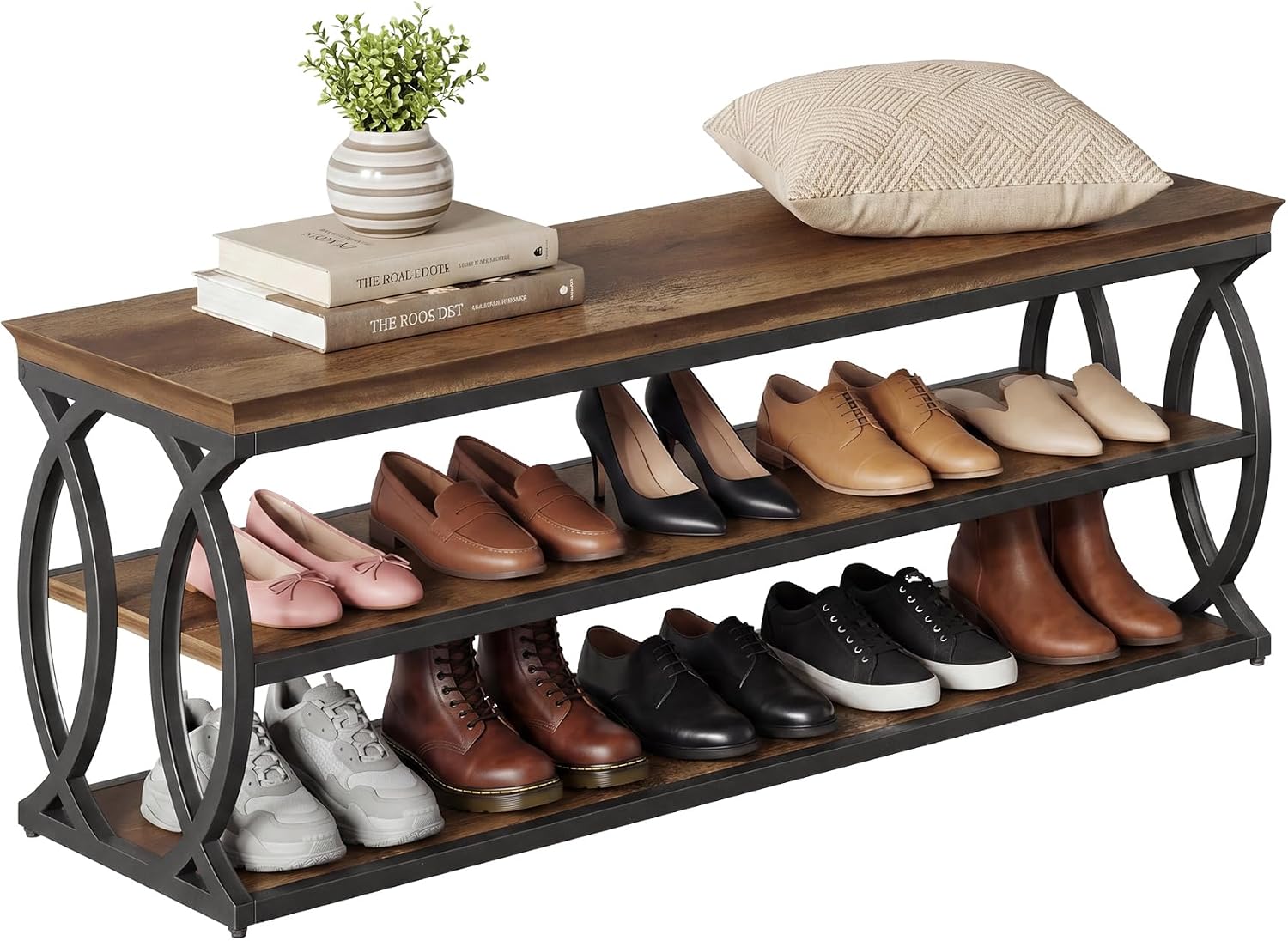 Tribesigns Entryway Shoe Storage Bench, 3-Tier Industrial Wooden Shoe Rack with Storage, Rustic Shoe Organizer with Sturdy Metal Frame for Hallway, Living Room, Closet