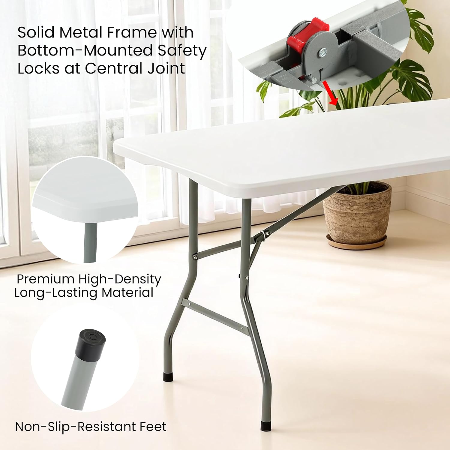 5 Pack of 6 Foot Foldable Table with Built in Handle & Steel Legs, 6FT Portable Heavy Duty Plastic Folding Tables for Parties, Dining, Wedding, Events, Picnic, Indoor & Outdoor, Camping, Utility
