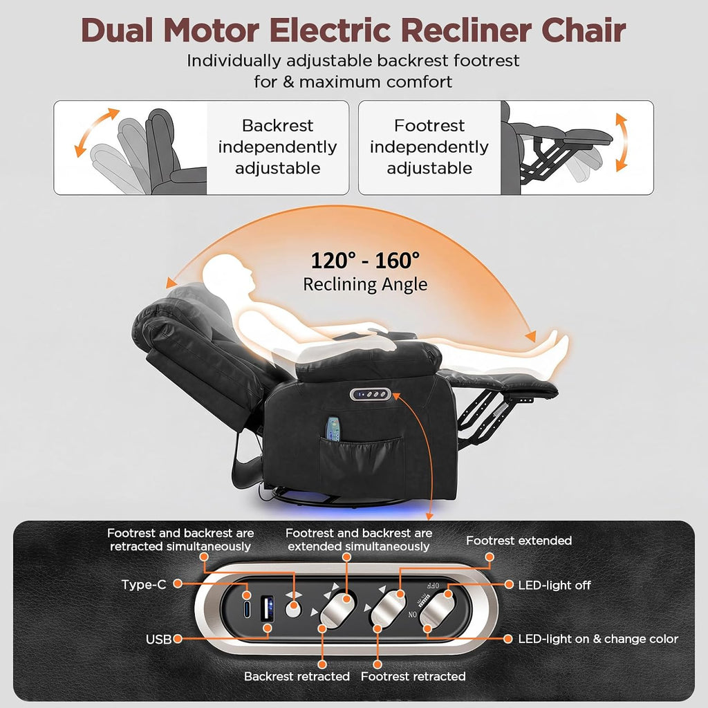 Power Swivel Rocker Recliner Chair with Independent Footrest Control | Massage Recliner Chair, Dual Motor, Nursery Rocker Reclining Chair with Pockets, LED Light for Living Room, PU Black
