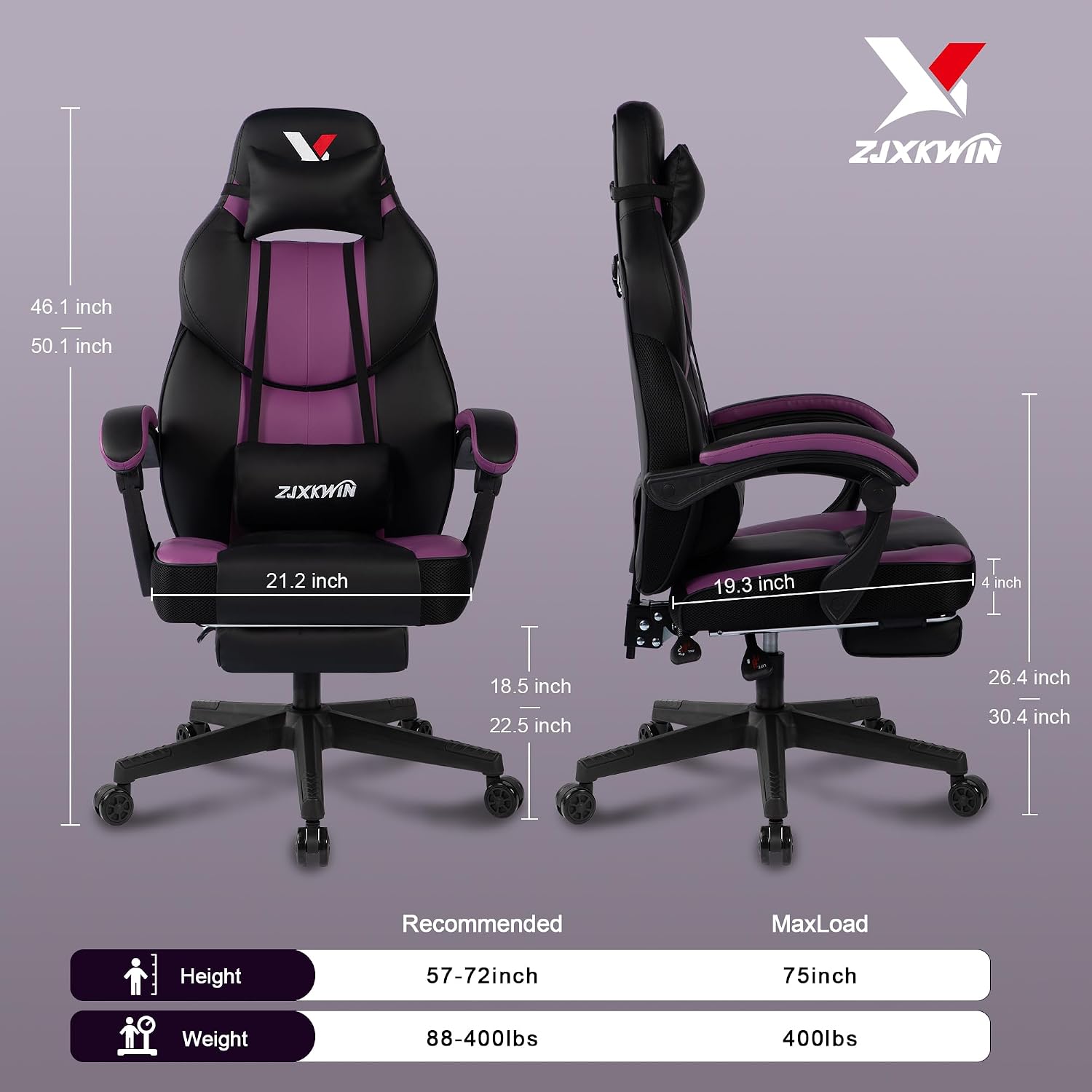 Big and Tall Gaming Chair 400lbs with Footrest - Heavy Duty Ergonomic Computer Office Chair for Adults, Wide Desk Chair with Pocket Spring Cushion & Linkage Armrests Purple