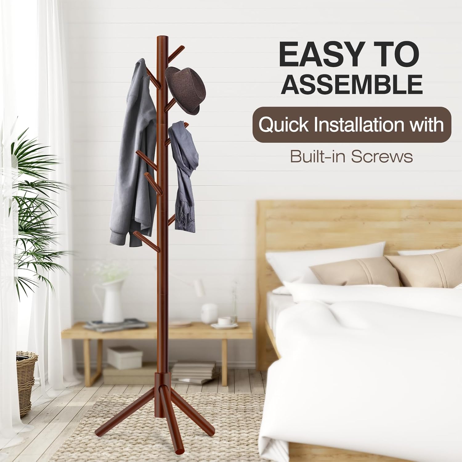 WANGMUXIA Coat Rack, Freestanding Coat Rack with 8 Hooks and 3 Adjustable Size Tree Coat Racks for Bedroom, Hallway, Entrance, Office, for Hats, Coats, Scarves, Handbags