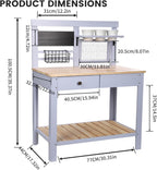 Potting Bench Outdoor Potting Table—Outdoor Kitchen for Kids, Solid Wood Garden Work Station with Sink、Drawer、Hooks、3Flower Pots, Weather Proof
