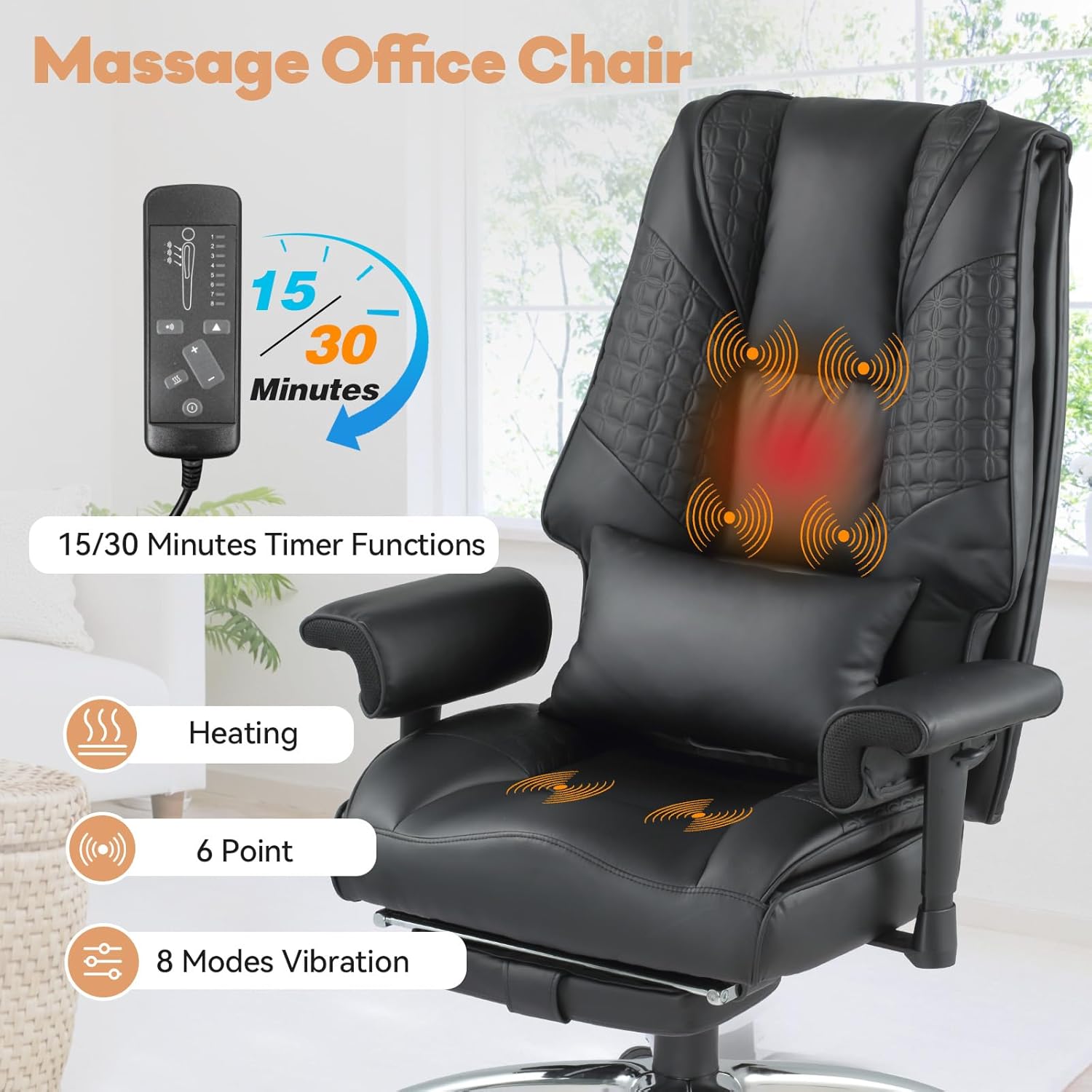 Vibrate Massage & Heating Office Chair, Executive Office Chair with Reclining Backrest, Adjustable Arms & Lumbar Support, High Back Leather Desk Chairs w/Foot Res for Home Office, Black