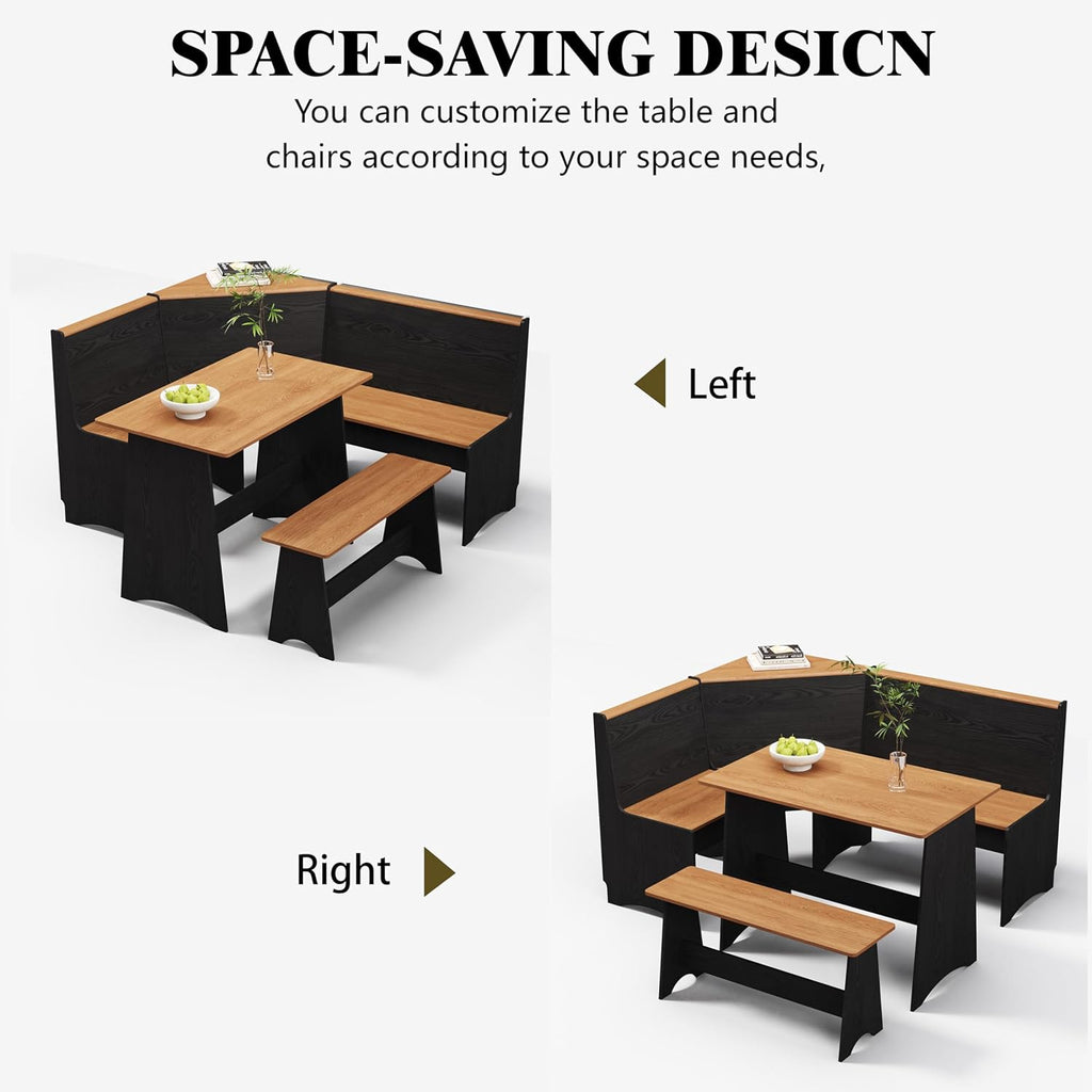 Farmhouse Breakfast Nook Table Set, Dining Nook Set with Corner Bench,with Storage Function Mid Century Modern Small Dining Table Set, Kitchen Table Corner Set (Black + Natural)
