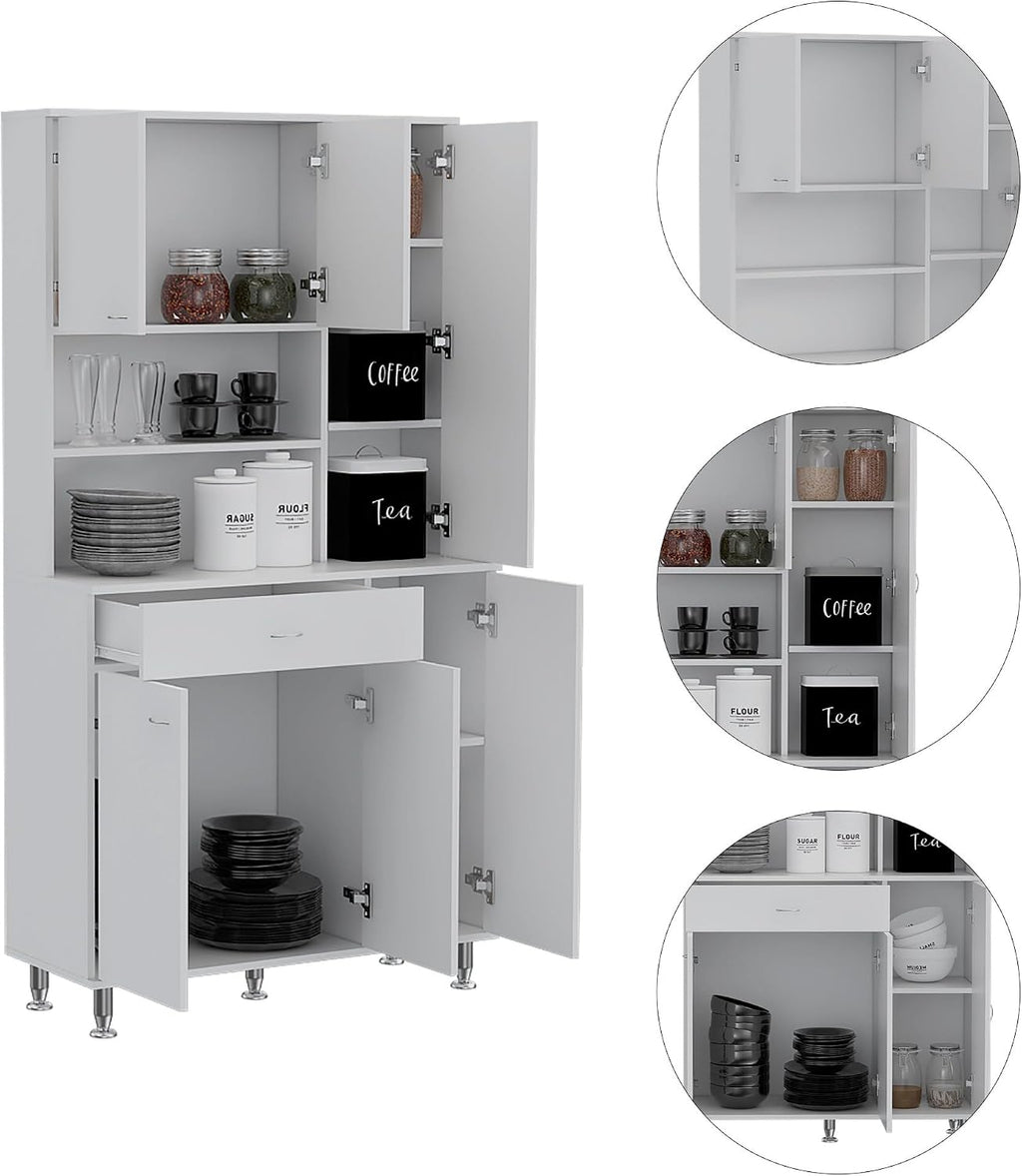 Della 90 Kitchen Pantry, One Drawer, Multiple Cabinets, Two Open Shelvess -White
