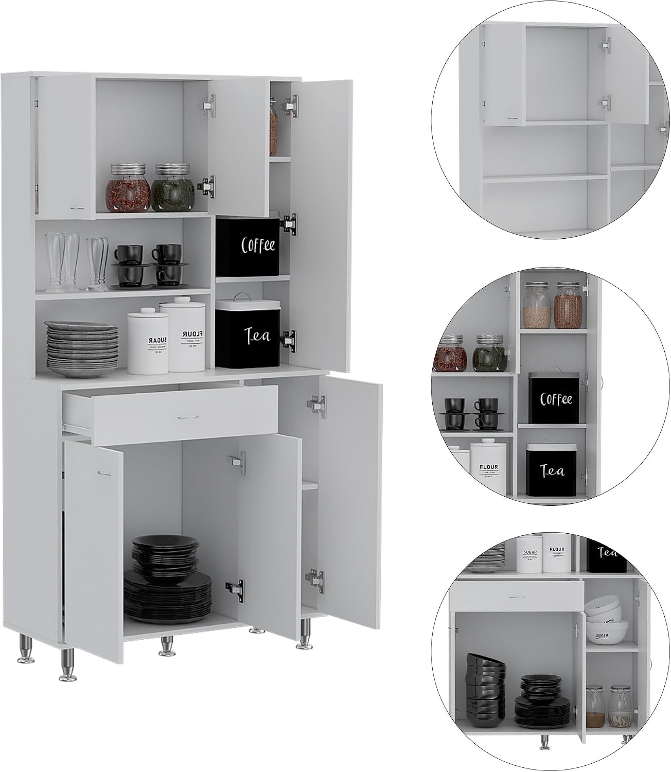Della 90 Kitchen Pantry, One Drawer, Multiple Cabinets, Two Open Shelvess -White