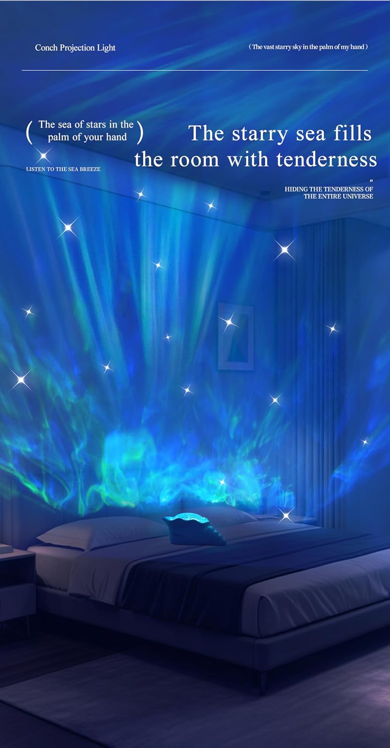 Conch Ocean Wave Light Projector, 14 Colors Changing Dynamic Ripple Light Dimmable Mood Lighting with Memory Function, 5 White Noise, Decor Lamp for Bedroom Bathroom Playroom Cool Gifts