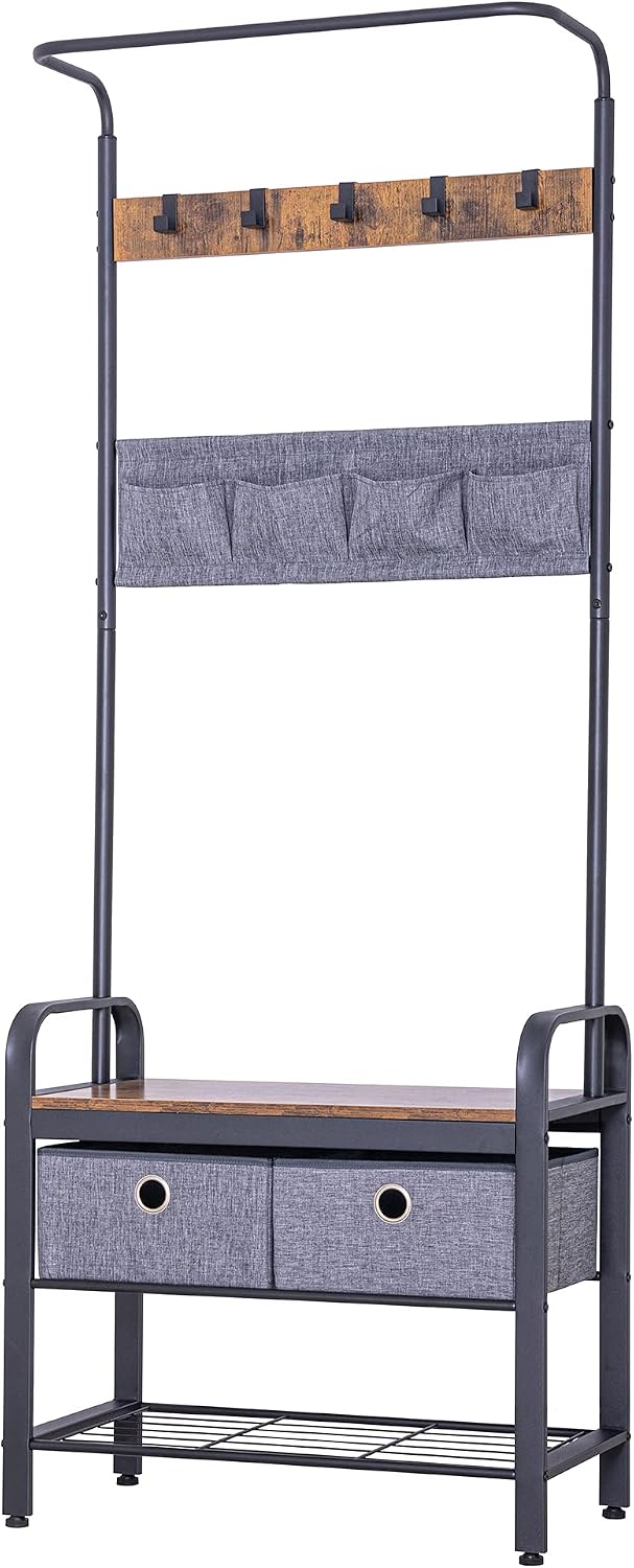 Sunnyglade Vintage Coat Rack 3 in 1 Hall Tree Entryway Organizer Shoe Rack | Entryway Organizer with Shoe Bench, Vintage 3-in-1 Hall Tree Coat Rack, Metal Frame, 5 Hooks, 4 Pockets & 2 Storage Boxes