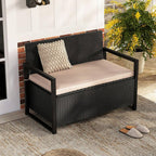 PE Rattan Metal Frame Rustic Storage Bench with 40 Gal Compartment 800lb Capacity Weather-Resistant 24.5x46x33.5in for Patio - Brown