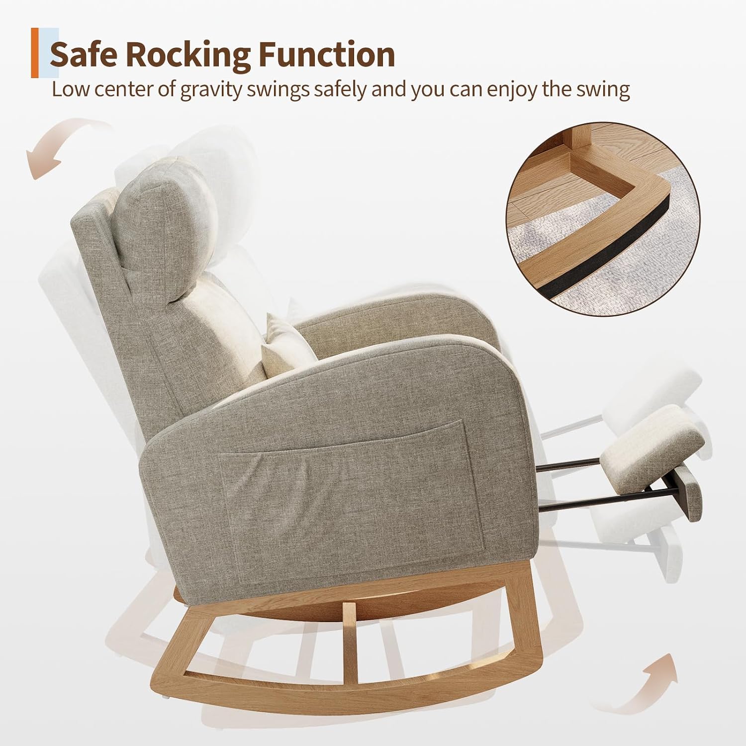 GarveeHome Rocking Chair, Modern Nursery Glider Chair with Side Pockets and Pillow, Rocker Chair for Living Room Bedroom Nursing Room, Grey