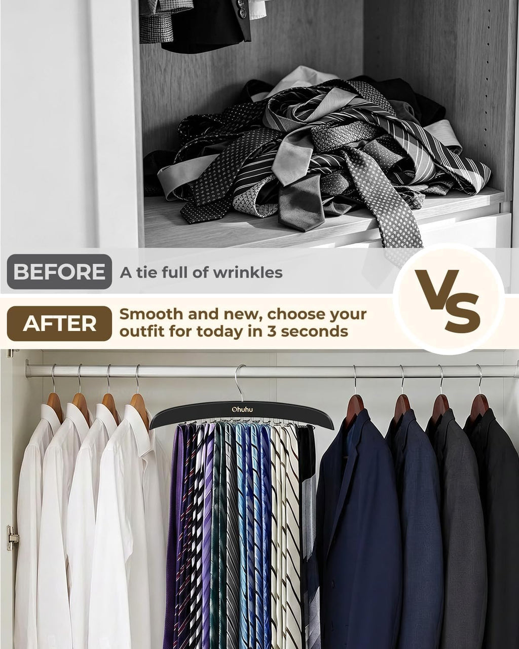 Ohuhu 24-Hook Wooden Tie Rack Organizer - Space Saving Closet Hanger with 360° Rotating Hooks, Anti-Slip Clips for Ties, Belts, Scarves - Premium Hardwood & Rustproof Steel Construction-Black