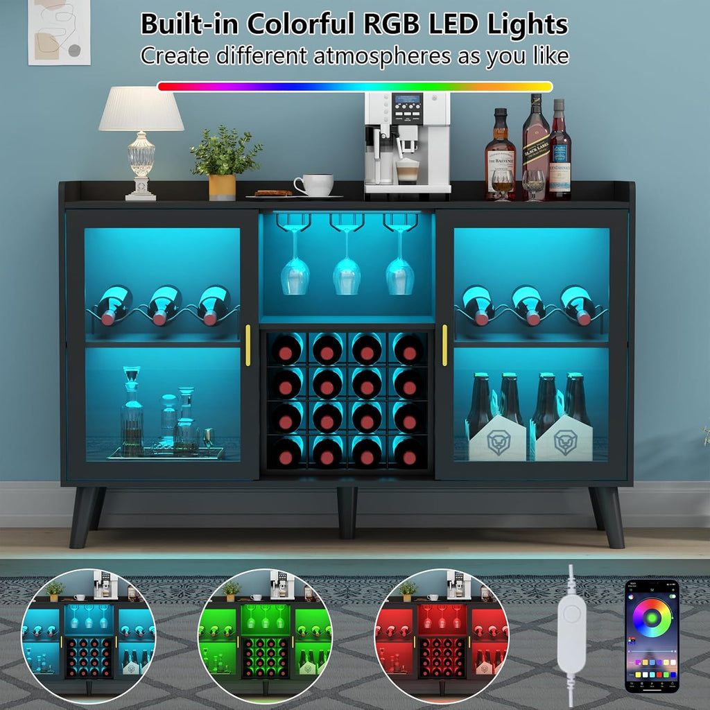 Auromie Wine Bar Cabinet with Led Light, Home Coffee Cabinet with Wine and Glass Rack, Kitchen Buffet Sideboard with Storage Shelves, Freestanding Liquor Cabinet for Living Room, Dining Room (Black)