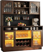 70.9" Tall Kitchen Pantry Cabinet with Outlet & LED Lights, 54.3" Wide Kitchen Storage Cabinet with Wine Rack, Farmhouse Coffee Bar Station with Pegboard, Buffet Sideboard (Brown)
