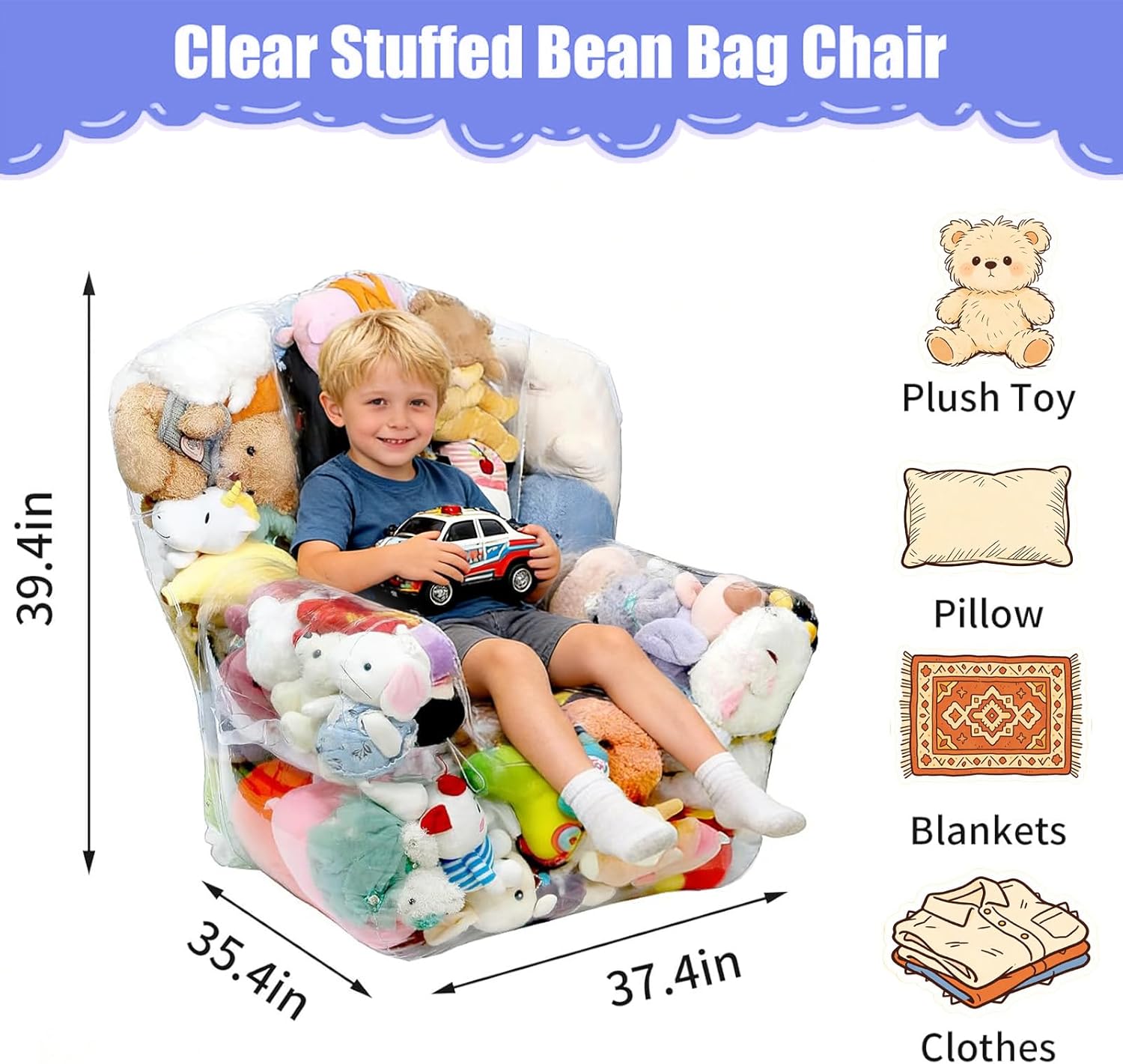 Clear Stuffed Animal Bean Bag Chair Cover for Kids, Waterproof Large Stuffable Beanbag Chair Cover, Creative PVC Plush Toys Storage, for Children Rooms Soft Stuff Animal(Large Square)