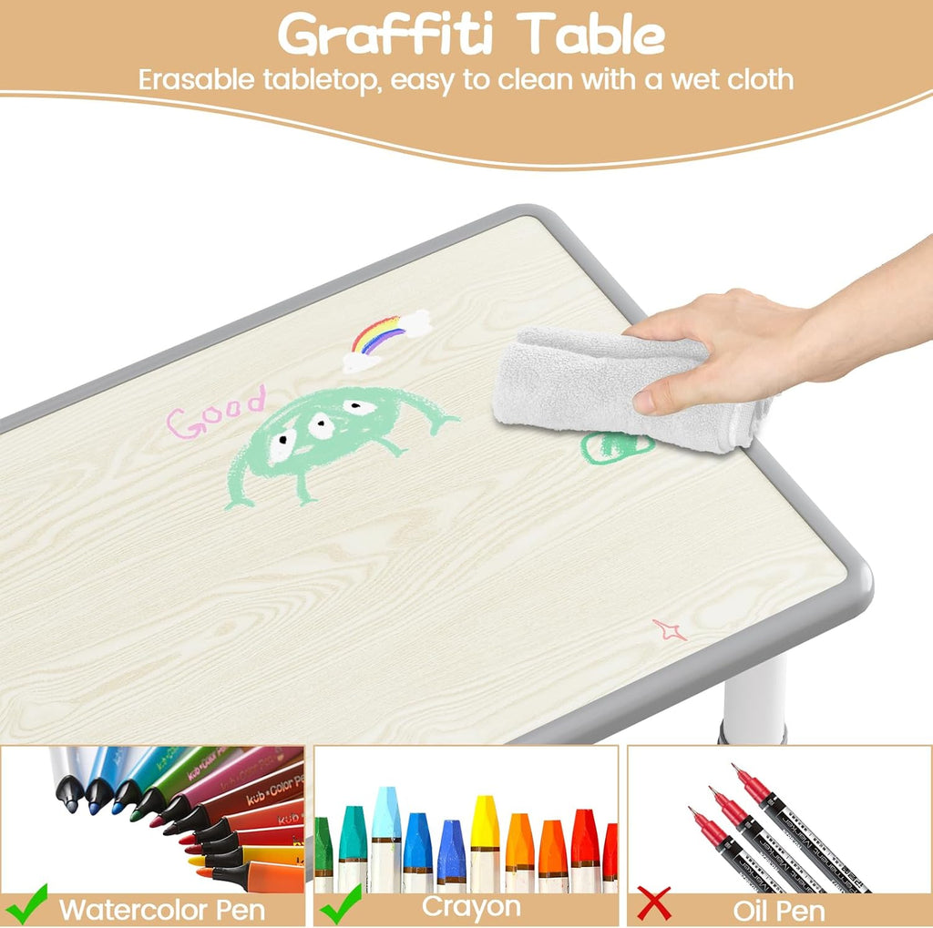 GAOMON Kids Table and 6 Chairs Set, Height Adjustable Toddler Table and Chair Set for Ages 2-10, Graffiti Desktop, Non-Slip Legs, Children Activity Table for Daycare Classroom Home