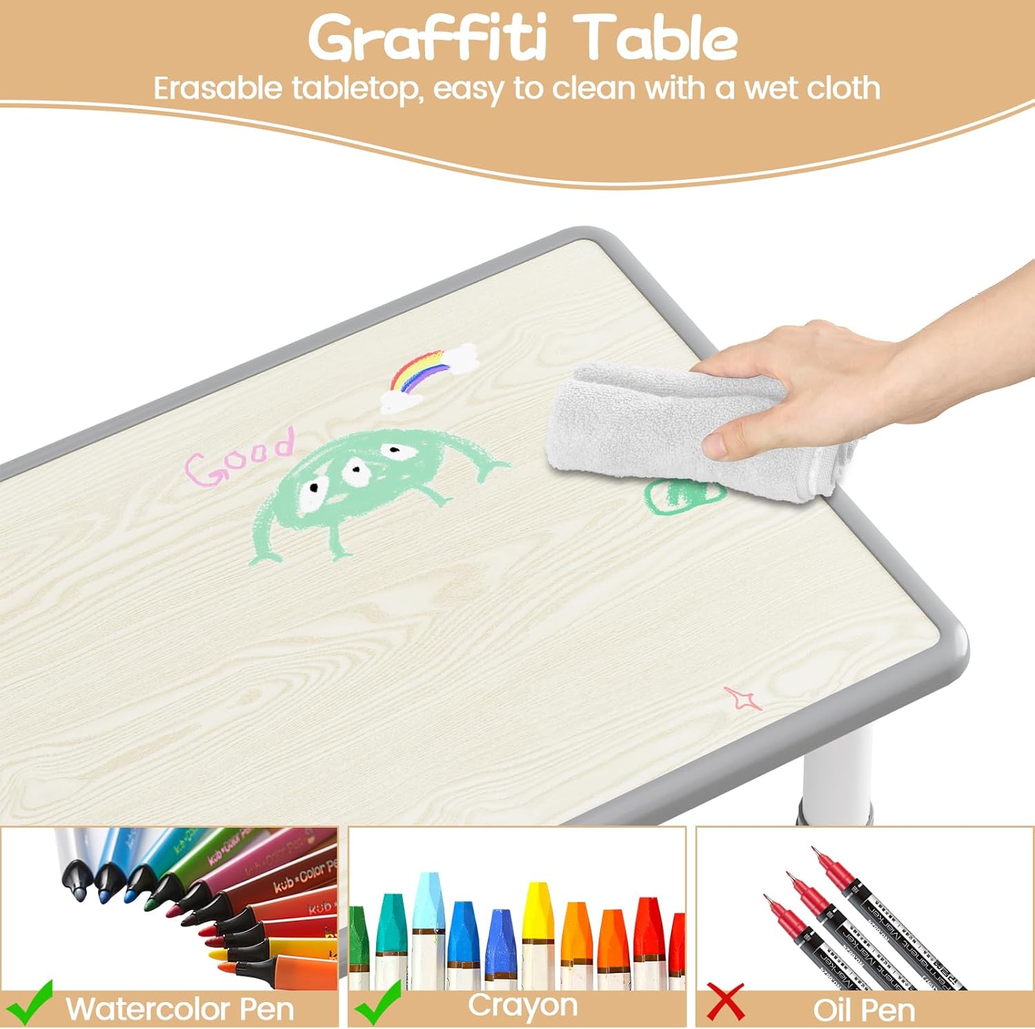 GAOMON Kids Table and 6 Chairs Set, Height Adjustable Toddler Table and Chair Set for Ages 2-10, Graffiti Desktop, Non-Slip Legs, Children Activity Table for Daycare Classroom Home