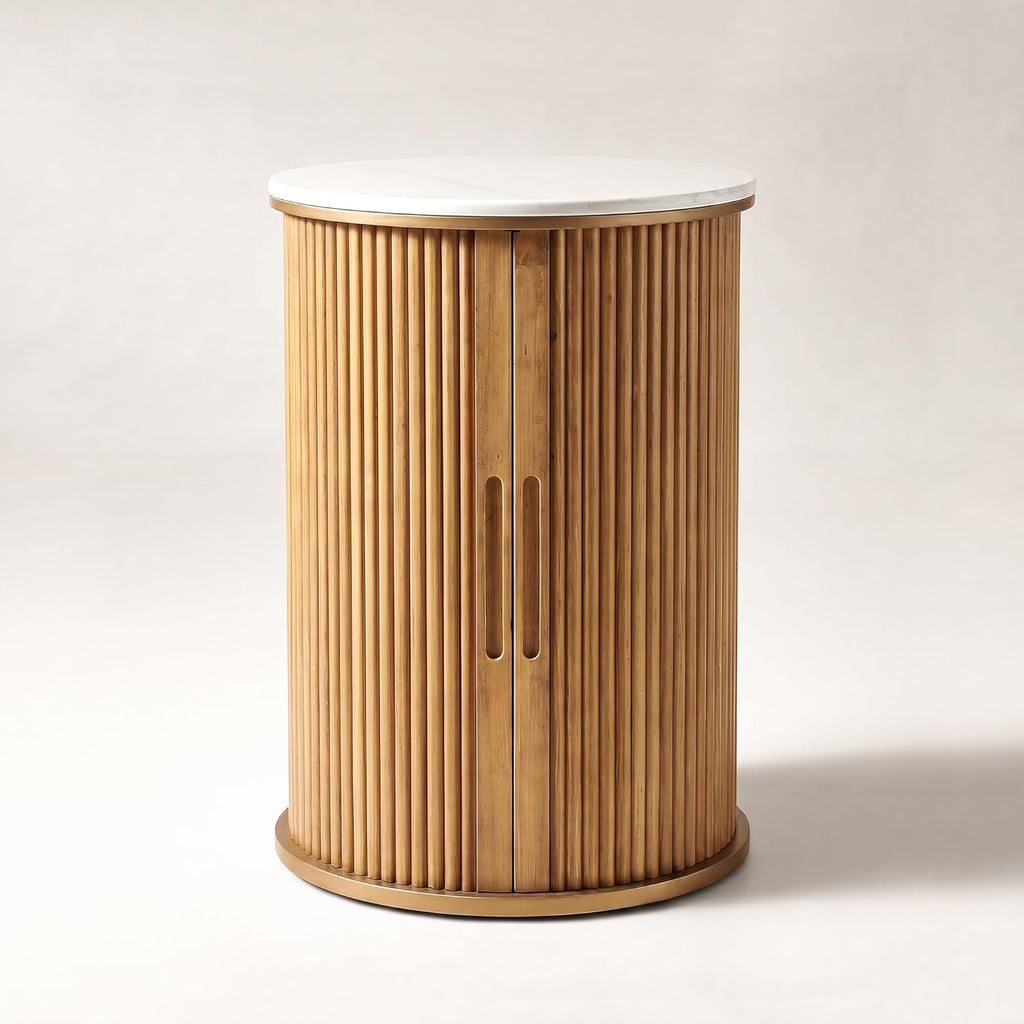 Round Fluted End Table with Storage, Natural Wood Side Table with White Sintered Stone Top, Sliding Tambour Door Nightstand, 17.4 Inch Small Accent Stand for Living Room Bedroom