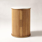 Round Fluted End Table with Storage, Natural Wood Side Table with White Sintered Stone Top, Sliding Tambour Door Nightstand, 17.4 Inch Small Accent Stand for Living Room Bedroom