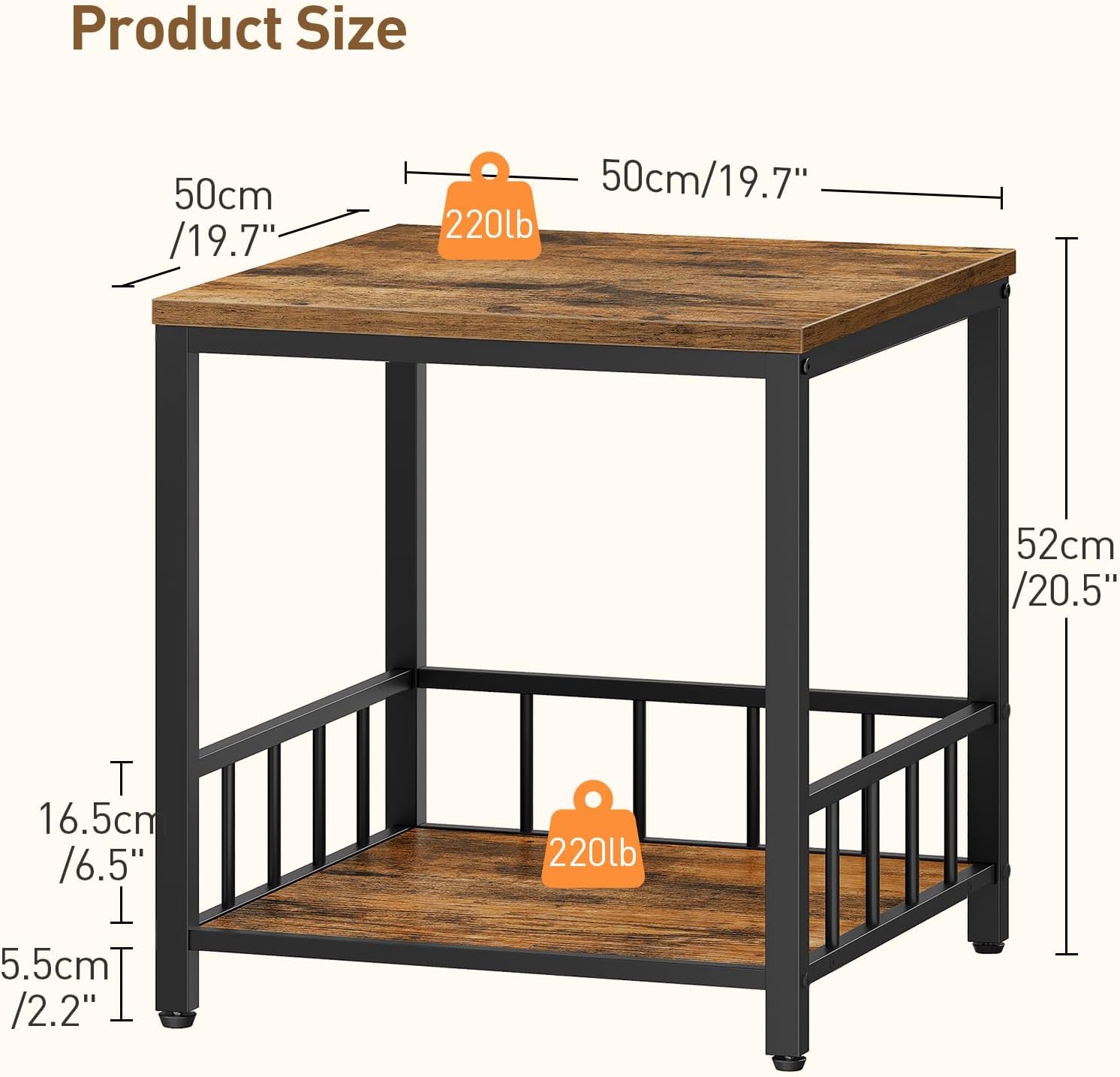 RALGEND End Table, Mini Fridge Stand with Storage, 20" Mini Fridge Cabinet with 2-Tier Storage Shelves, Mini Fridge Table Adjustable Feet, for Kitchen, Living Room, Rustic Brown and Black 5001RSBF