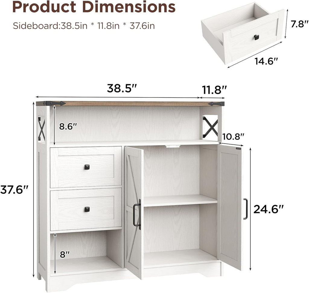 Vabches Farmhouse Buffet Sideboard Cabinet with Drawers and Open Shelf, 38.5" Storage Cabinet with Adjustable Shelves and Door, Modern Coffee Bar Hutch Pantry for Kitchen, Living Room, Entryway, White
