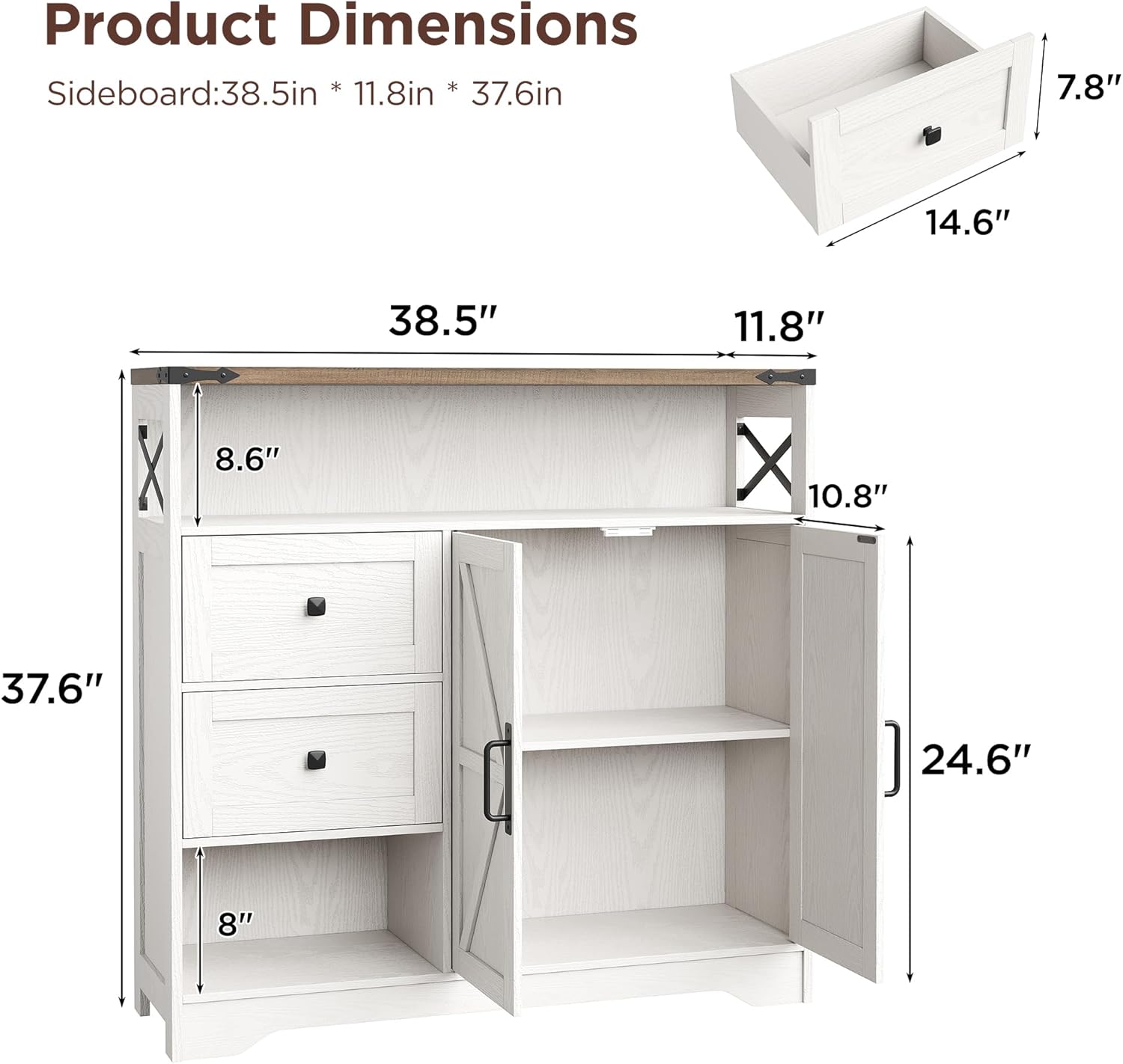 Vabches Farmhouse Buffet Sideboard Cabinet with Drawers and Open Shelf, 38.5" Storage Cabinet with Adjustable Shelves and Door, Modern Coffee Bar Hutch Pantry for Kitchen, Living Room, Entryway, White