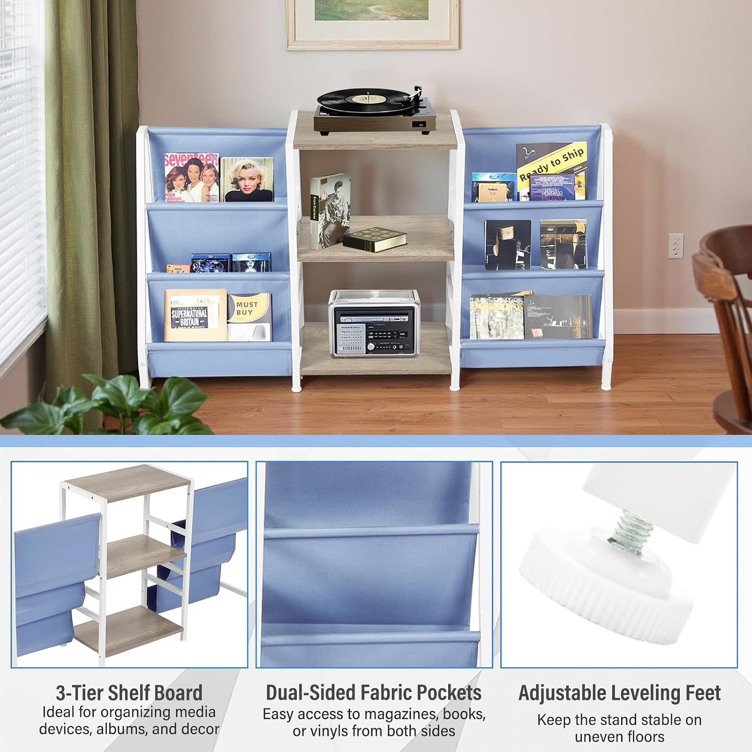 FurnitureR 3-Tier End Table with Record Player Stand and Vinyl Storage, Multi-Purpose Side Table Bookcase and Magazine Rack with Dual-Sided Fabric Pockets, Display Shelf Organizer, Blue/White