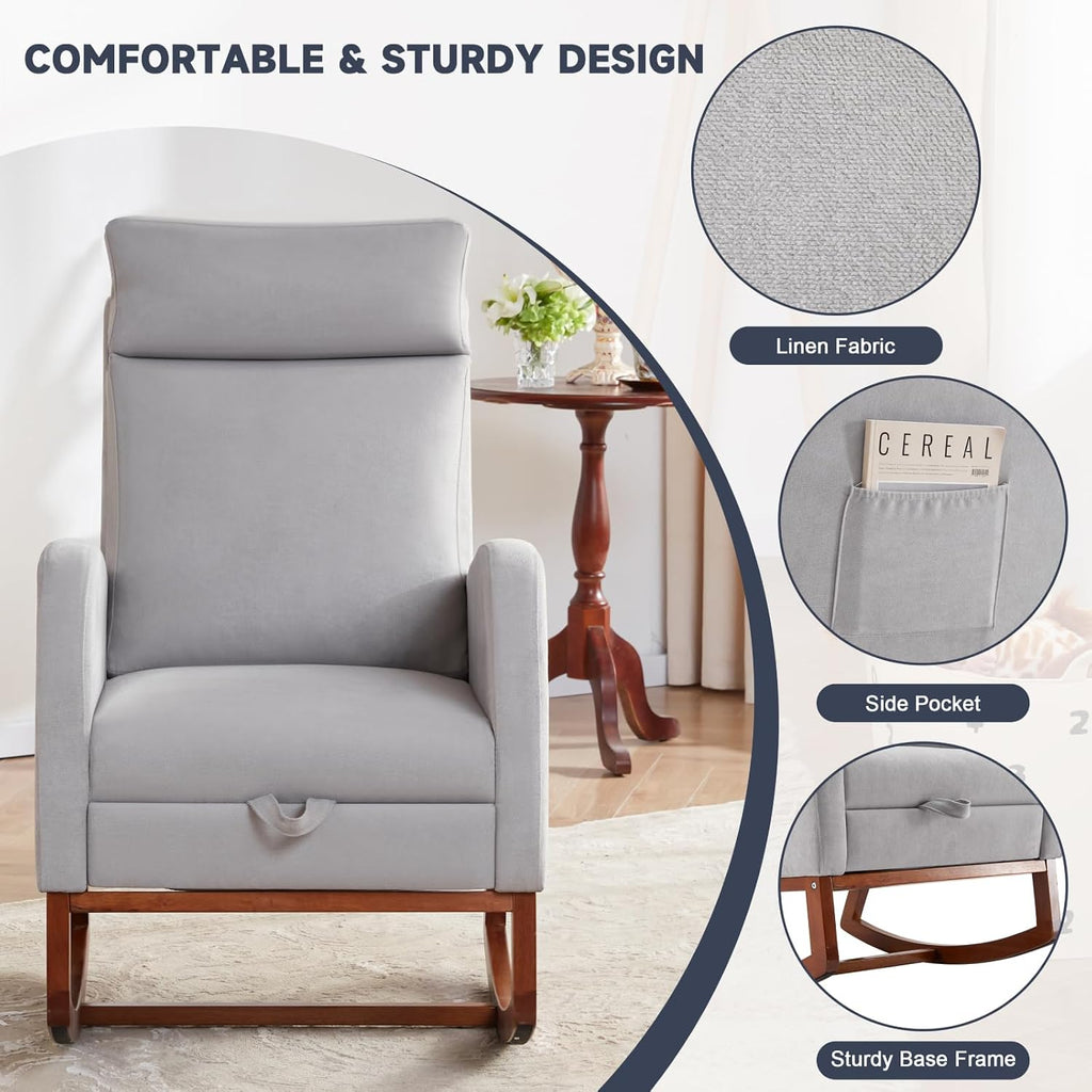 Rocking Chair Nursery High Back Glider Rocker Chair with Footrest Storage Pocket Accent Upholstered Rocker Armchair for Living Room Nursing Room Porch (Grey)