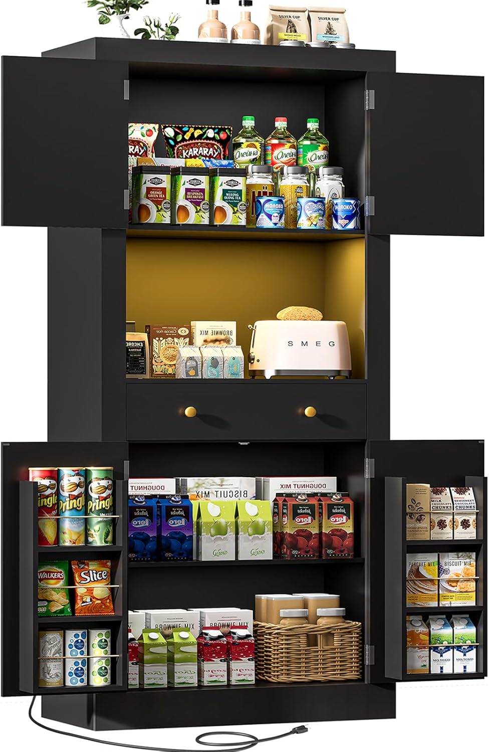 DINGIPP 73" Pantry Cabinet with Charging Station & LED Light, Tall Kitchen Pantry Cabinet with Microwave Stand and 1 Large Drawer, Kitchen Storage Cabinet with 4 Doors for Kitchen, Dining Room, Black