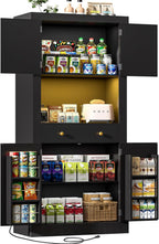 DINGIPP 73" Pantry Cabinet with Charging Station & LED Light, Tall Kitchen Pantry Cabinet with Microwave Stand and 1 Large Drawer, Kitchen Storage Cabinet with 4 Doors for Kitchen, Dining Room, Black