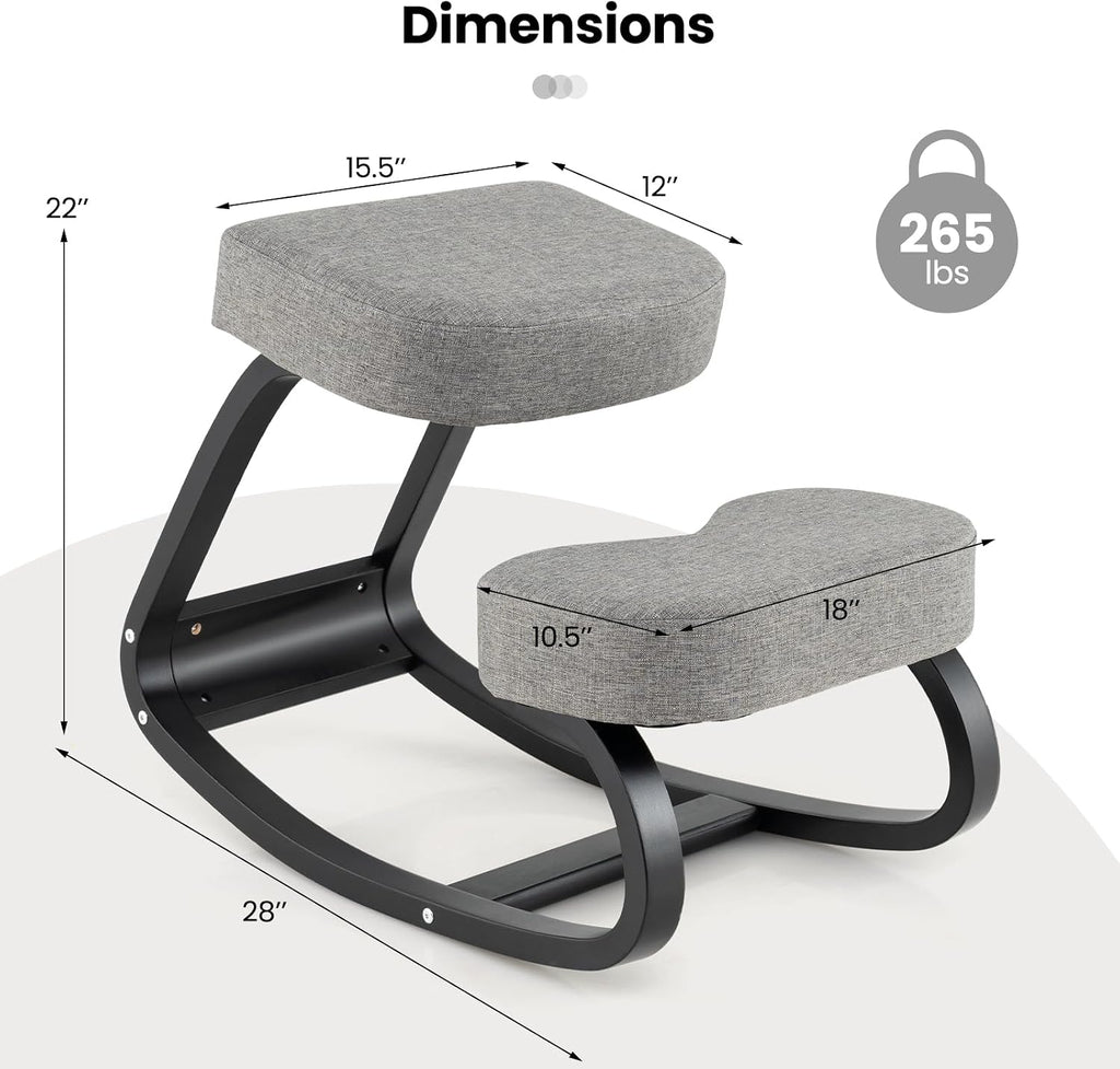 Goplus Ergonomic Kneeling Chair, Rocking Upright Posture Chair with Soft Seat & Knee Pads, Wooden Backless Knee Chair Relieves Neck Back Pain for Home Office Study, Gray and Black