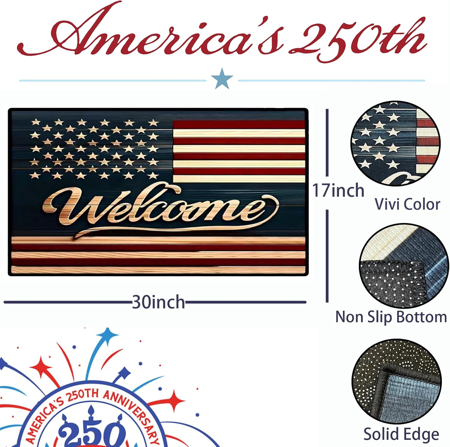 250th Anniversary USA Doormat,God Bless America Door Mat 4th of July Welcome Mat (WelcomeMat)