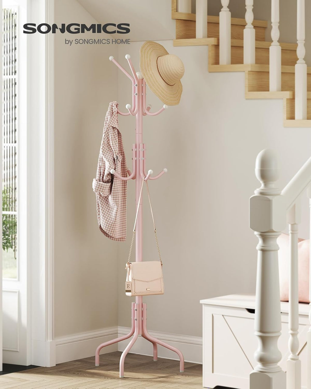 SONGMICS Coat Rack Freestanding, Metal Coat Rack Stand with 12 Hooks and 4 Legs, Holds Clothes, Hats, and Bags, for Entryway, Living Room, Bedroom, Brown URCR031Z01