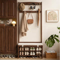 Oak Coat Rack, Solid Wood Hall Tree with Shoe Bench, 2-Tier Shoe Rack with 7 Hooks for Entryway, Hallway, 13.8" x 31.5" x 72.8", Walnut