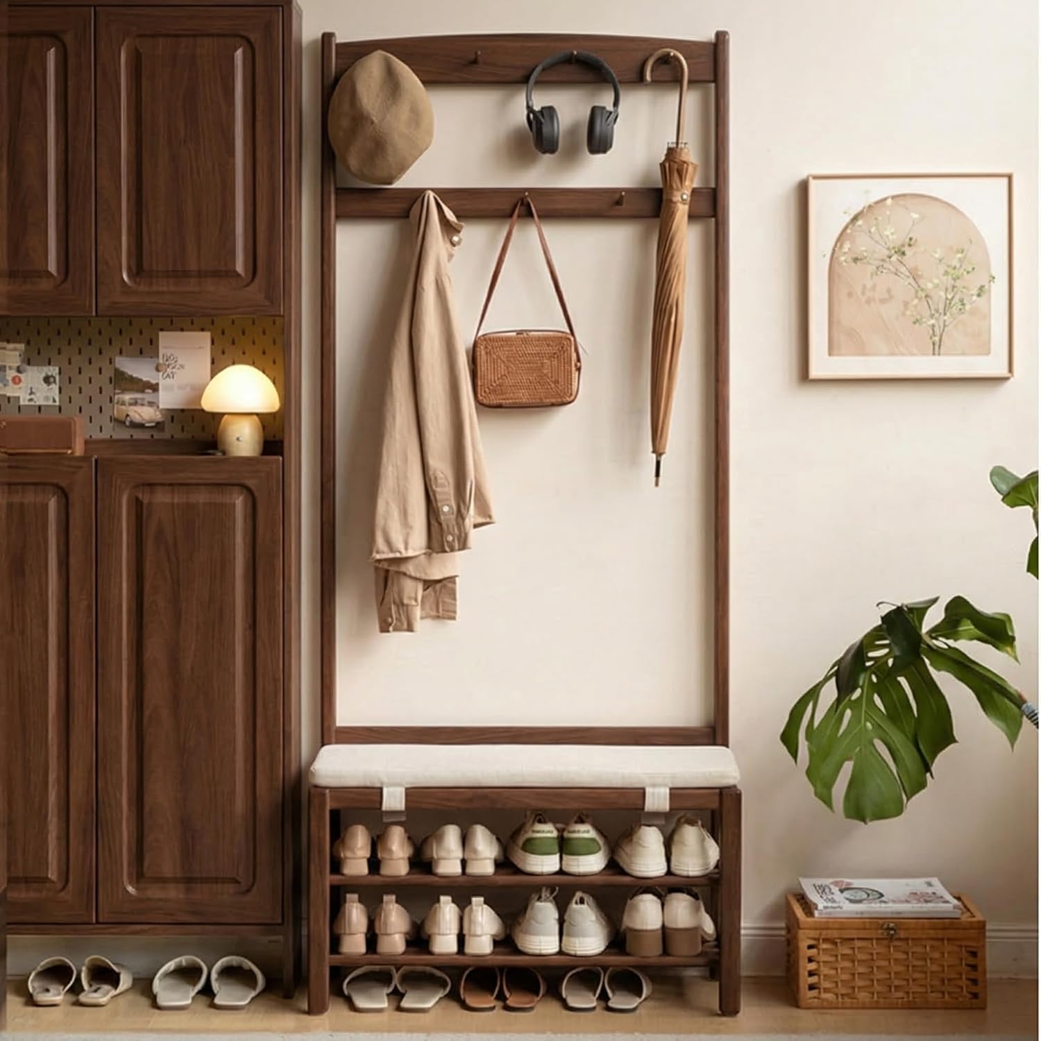 Oak Coat Rack, Solid Wood Hall Tree with Shoe Bench, 2-Tier Shoe Rack with 7 Hooks for Entryway, Hallway, 13.8" x 31.5" x 72.8", Walnut